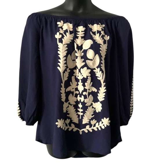 Solitaire Navy Blue Ivory Blouse Top SZ 1X‎ Women Embroidery Off Shoulder Boho - Picture 4 of 5